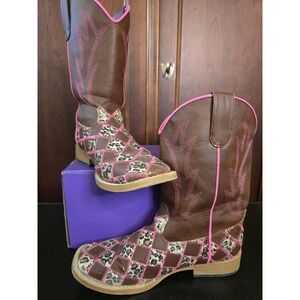 Blazin Roxx Pink Leopard Glitter Patchwork Cowboy Boots Size 6 Youth or 8 Womens
